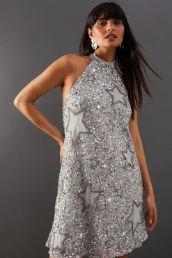 Hand Embellished Sequin Star Cut Out Halter Mini Dress | Nasty Gal