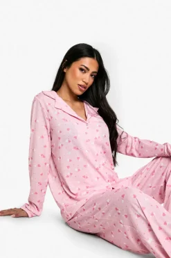 Heart Print Long Sleeve Shirt & Trousers Pyjama Set | Nasty Gal