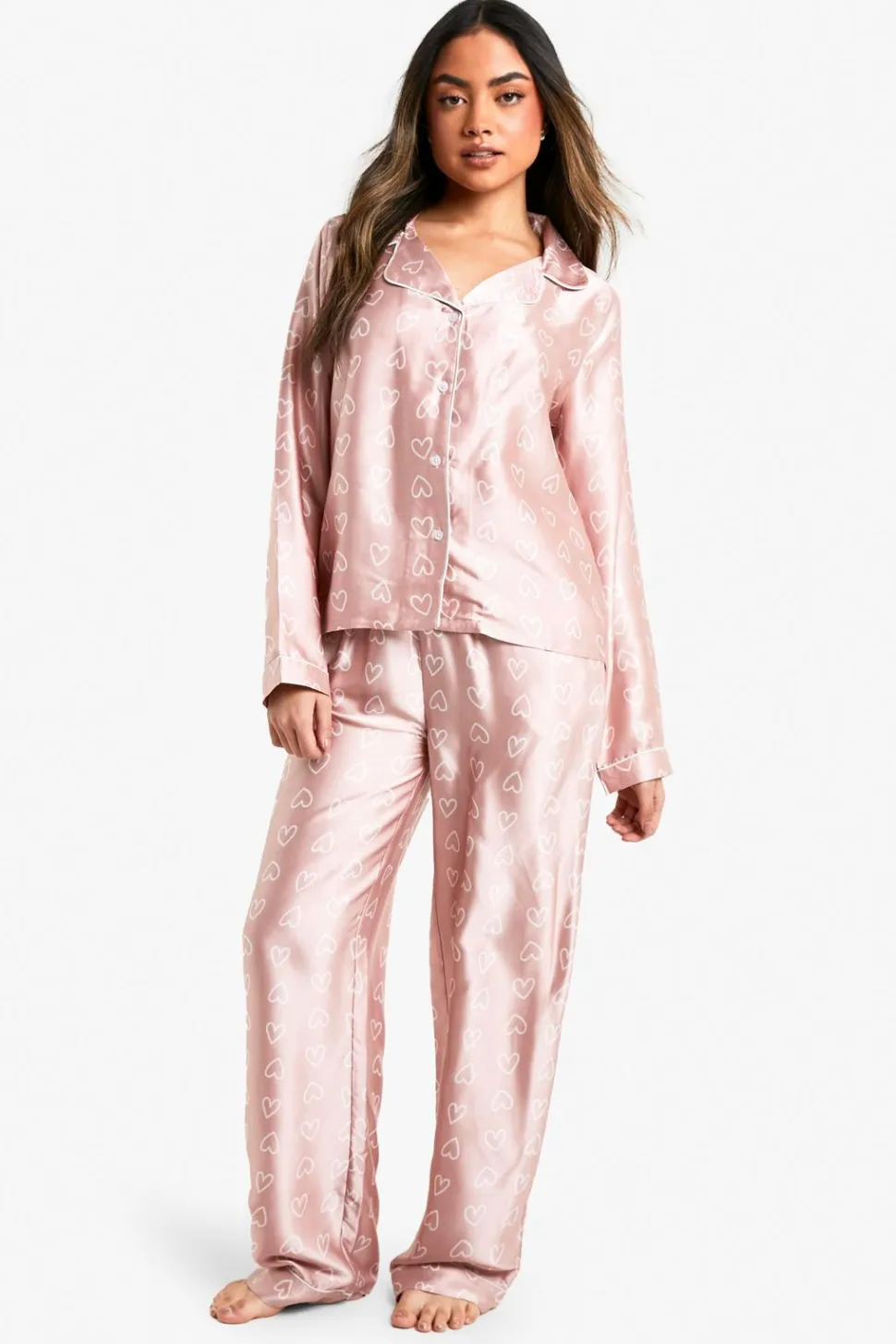 Heart Print Long Sleeve Shirt & Trousers Pyjama Set | Nasty Gal