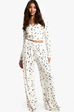Heart Print Long Sleeve Wrap Top & Trousers Pyjama Set | Nasty Gal