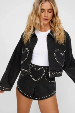Heart Studded Cropped Denim Jacket | Nasty Gal