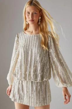 Hen Hand Embellished Sequin Slash Neck Blouson Mini Dress | Nasty Gal