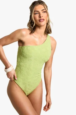 Hibiscus Flower Embossed One Shoulder Swimsuit | Nasty Gal