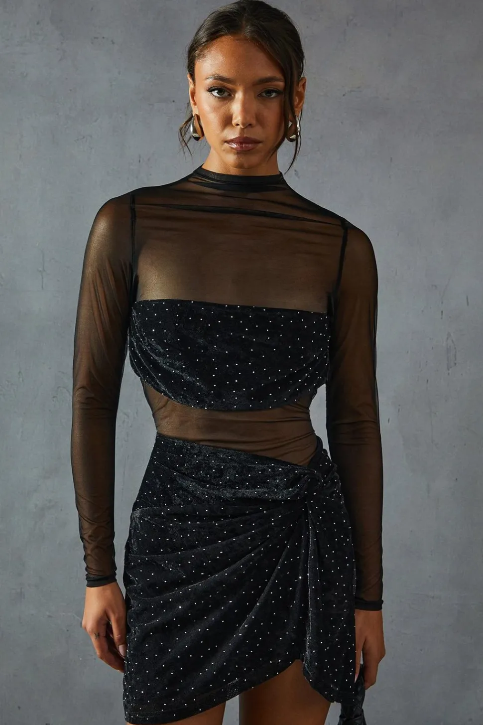 Hotfix Velvet Insert Mesh Long Sleeve MiniDress | Nasty Gal