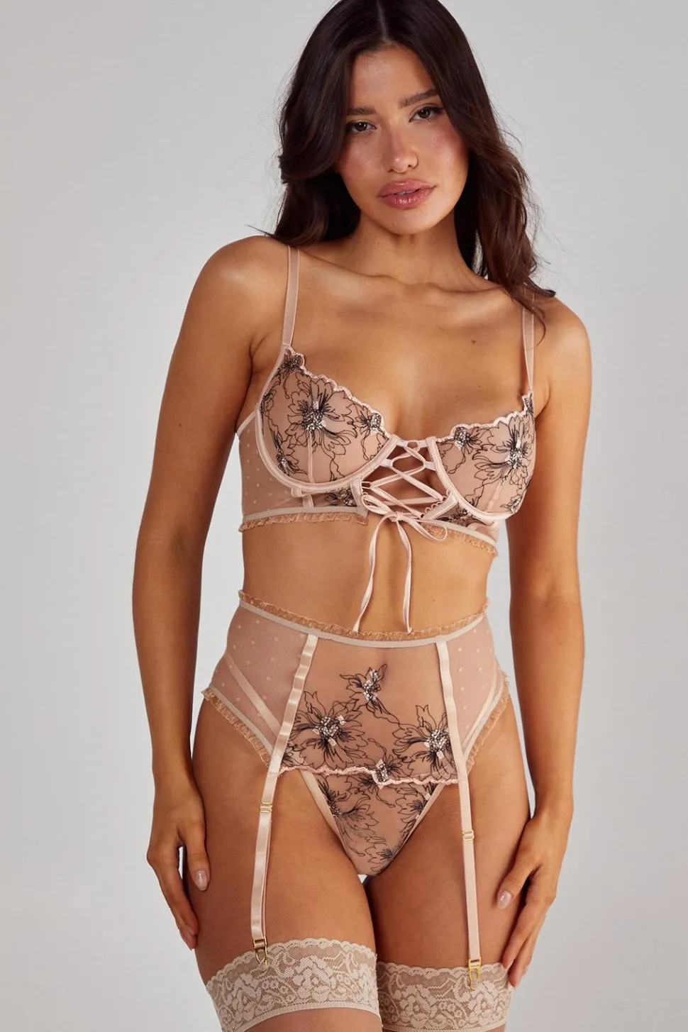 Lace Embroidered Lace Up 3pc Lingerie Set | Nasty Gal