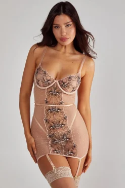 Lace Embroidered Lace Up Back Chemise And Thong Set | Nasty Gal