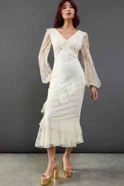 Lace V Neck Ruffle Midi Dress | Nasty Gal