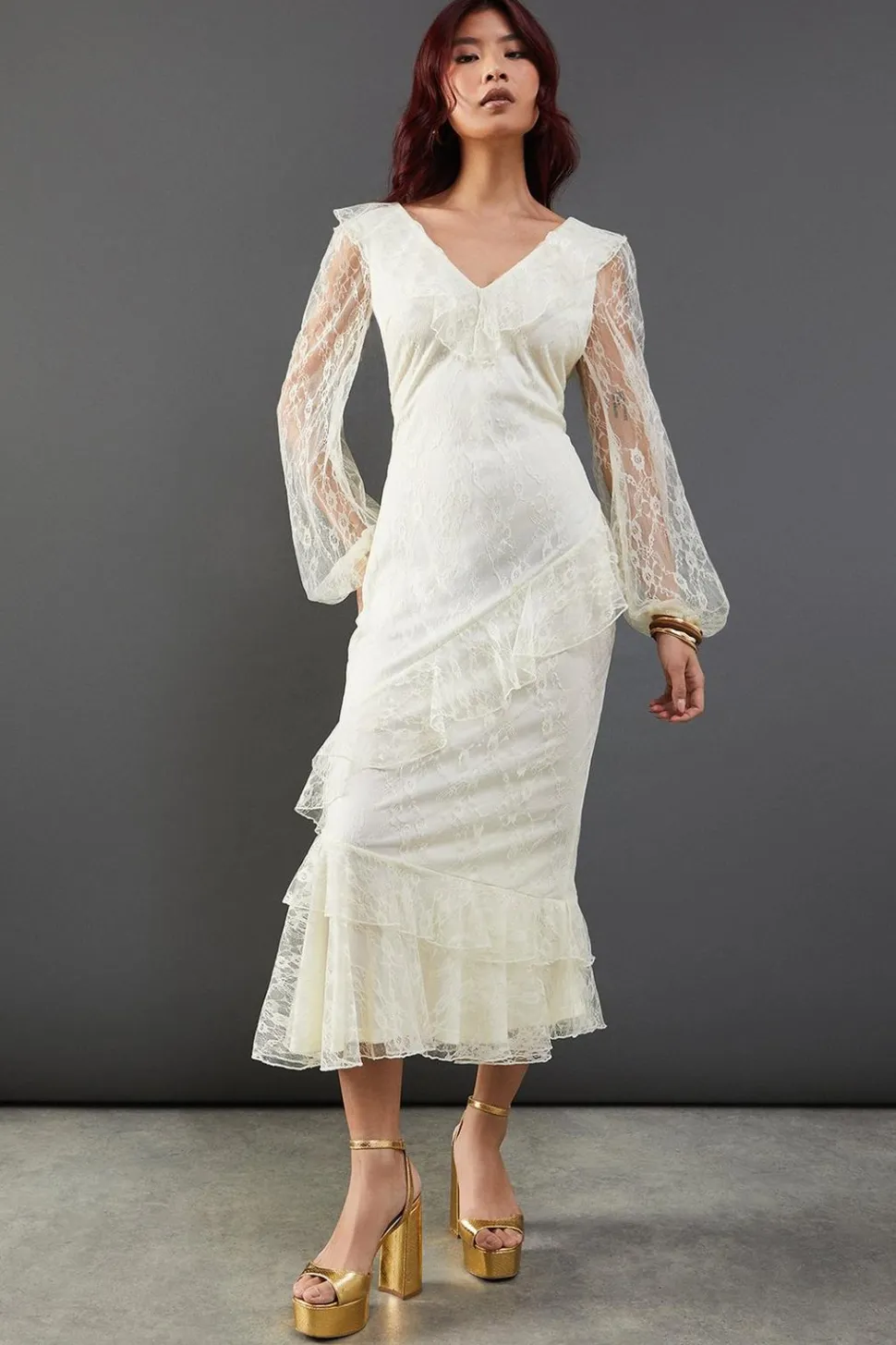 Lace V Neck Ruffle Midi Dress | Nasty Gal