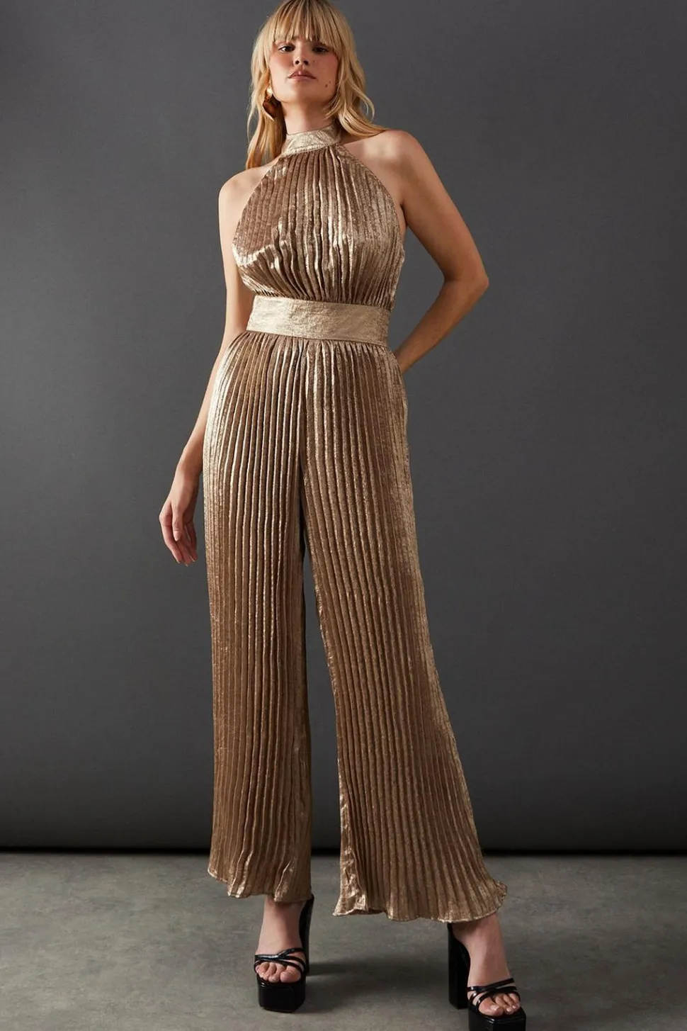 Lame Metallic High Neck Pleated Jumpsuit | Nasty Gal