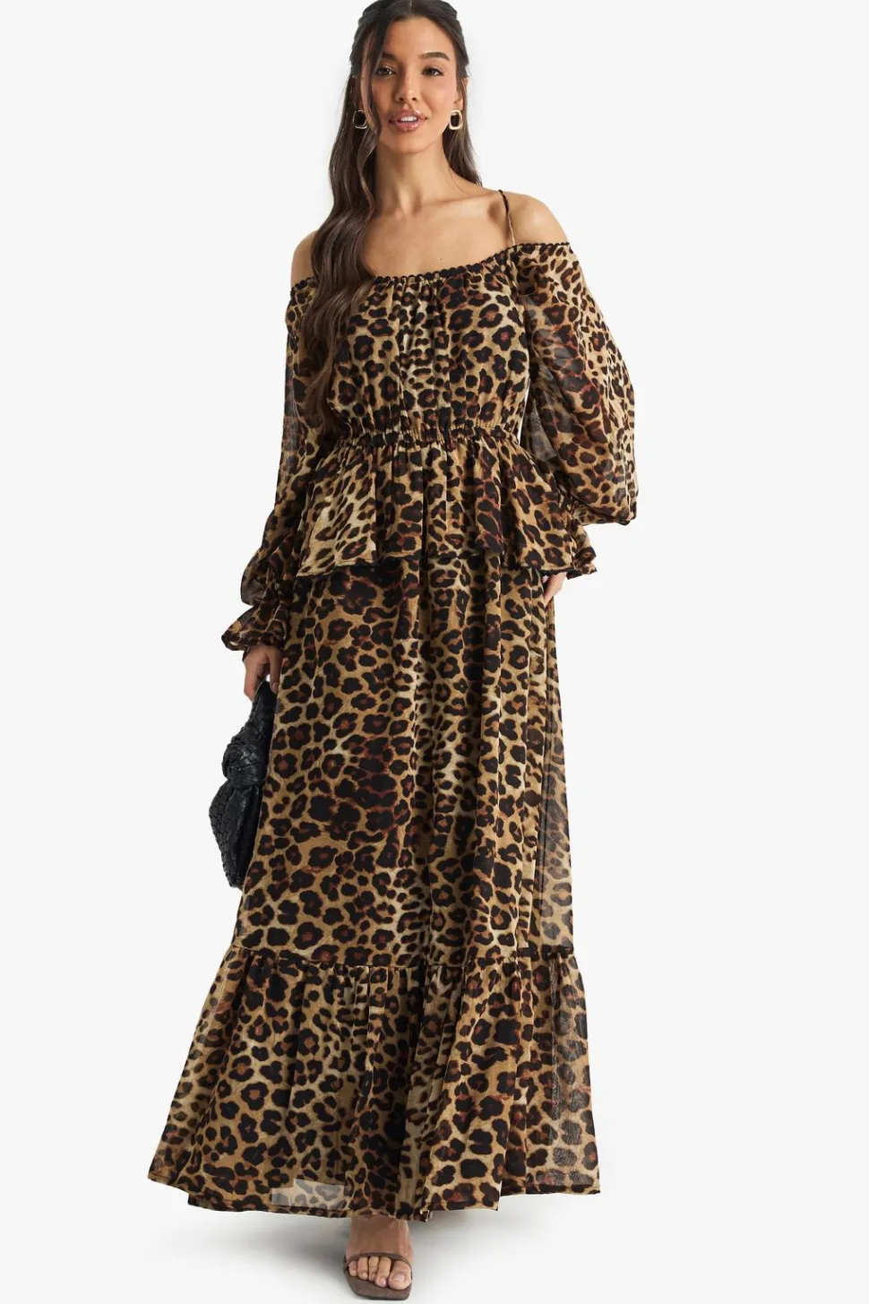 Leopard Chiffon Cold Shoulder Ruffle Maxi Dress | Nasty Gal