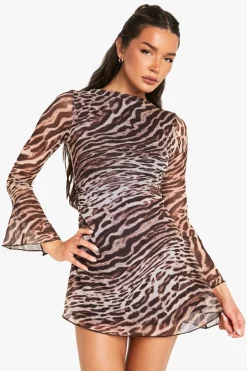 Leopard Cinched Waist Long Sleeve Mini Dress | Nasty Gal