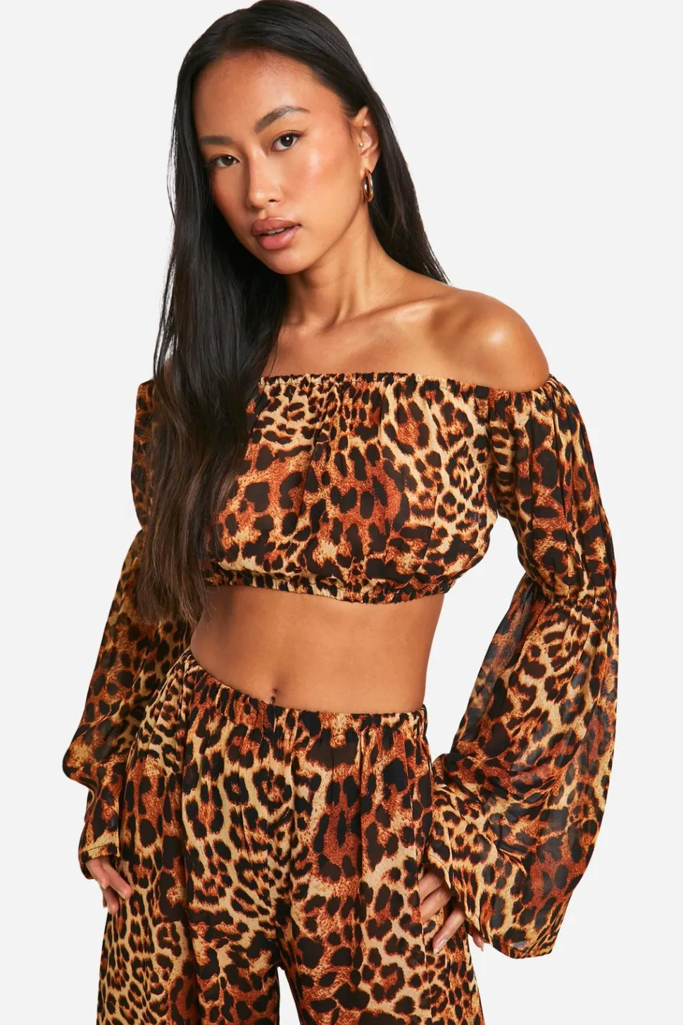 Leopard Long Sleeve Bardot Beach Top | Nasty Gal