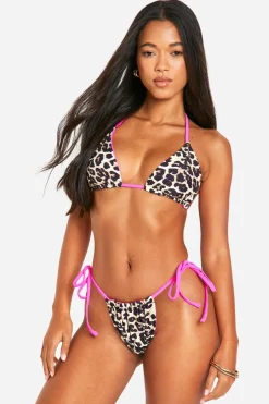 Leopard Print Contrast Triangle Bikini Top & Tanga Tie Side Bikini Bottoms Set | Nasty Gal