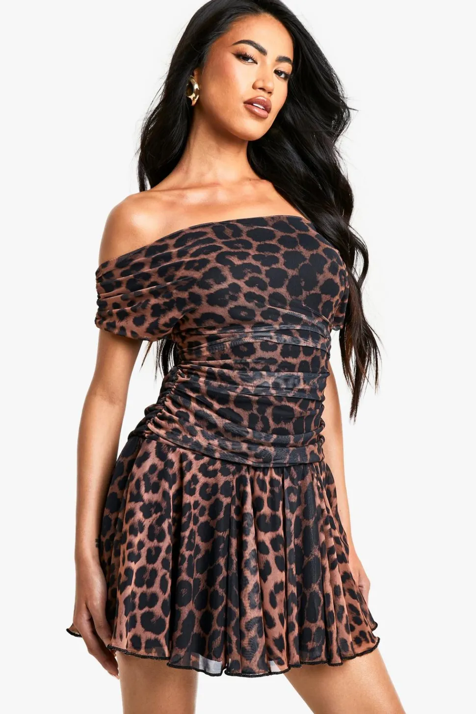Leopard Printed Mesh Ruched Pleated Hem Mini Dress | Nasty Gal