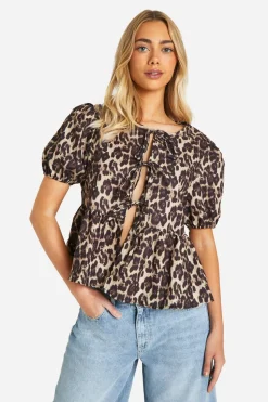 Leopard Puff Sleeve Bow Tie Blouse | Nasty Gal
