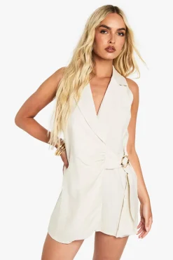 Linen Look Buckle Detail Tie Waist Tailored Skort Playsuit | Nasty Gal