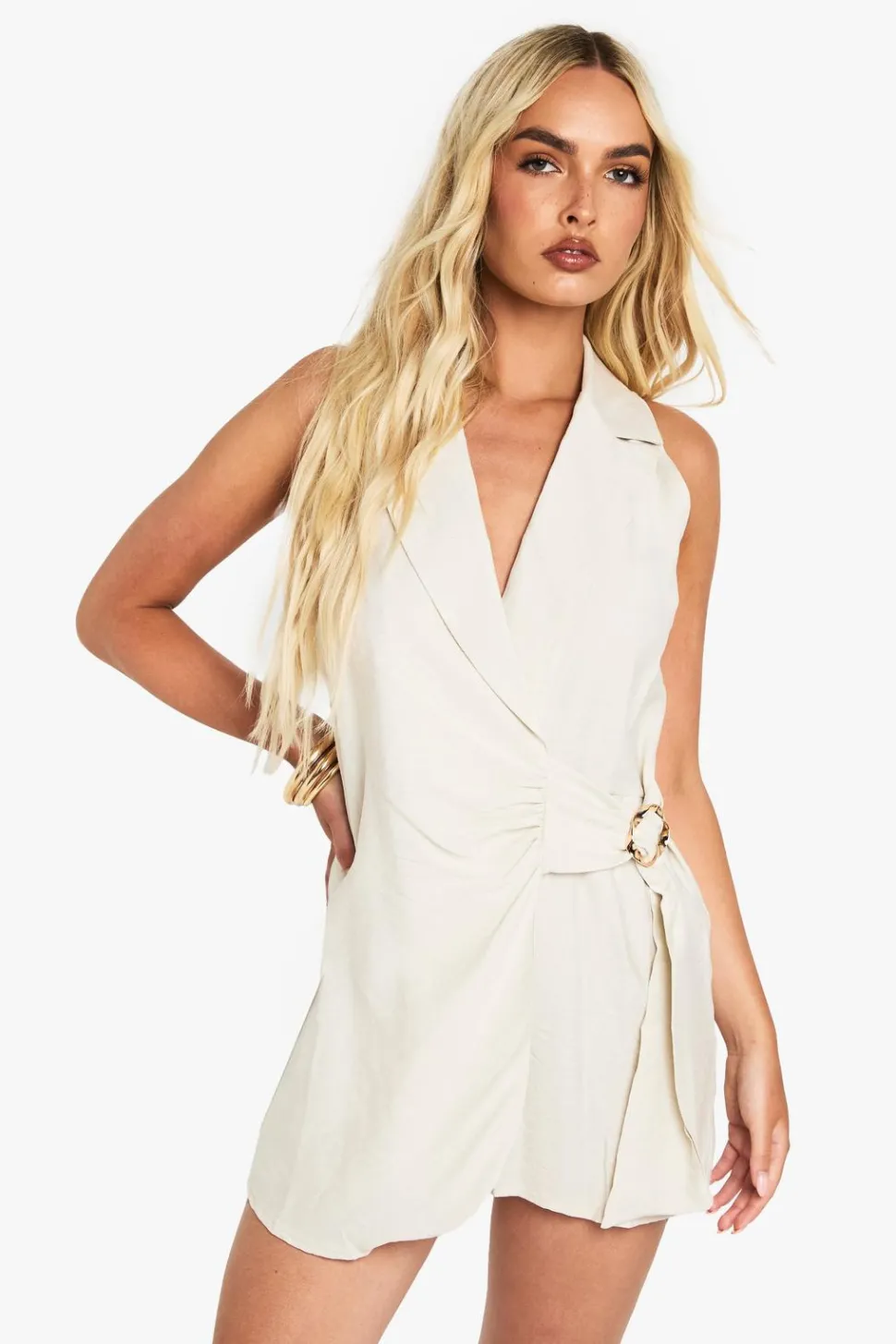 Linen Look Buckle Detail Tie Waist Tailored Skort Playsuit | Nasty Gal