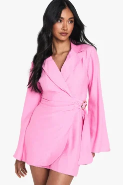 Linen Look Buckle Detail Tie Waist Tailored Blazer Dress | Nasty Gal