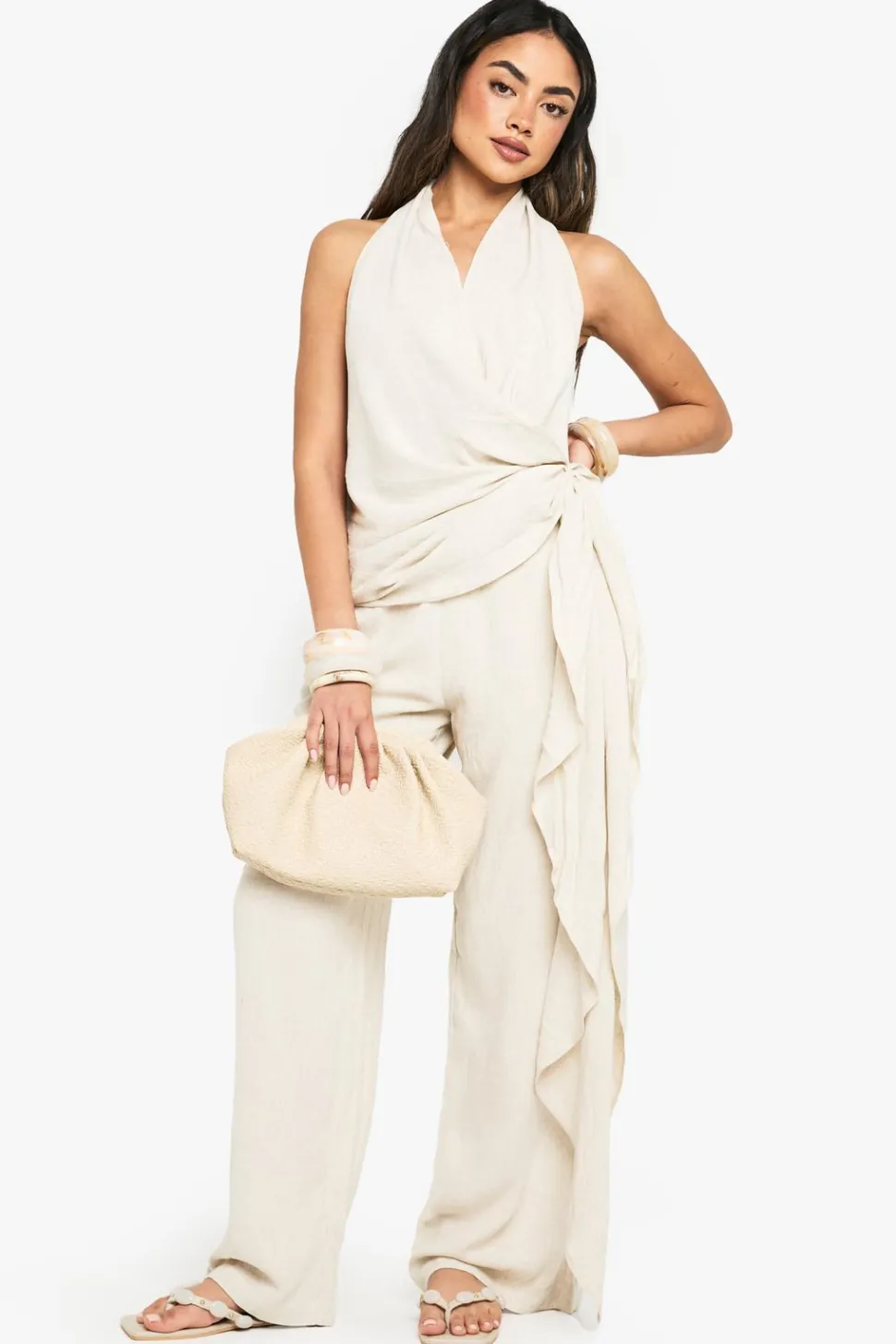 Linen Look Drape Cowl Wrap Jumpsuit | Nasty Gal