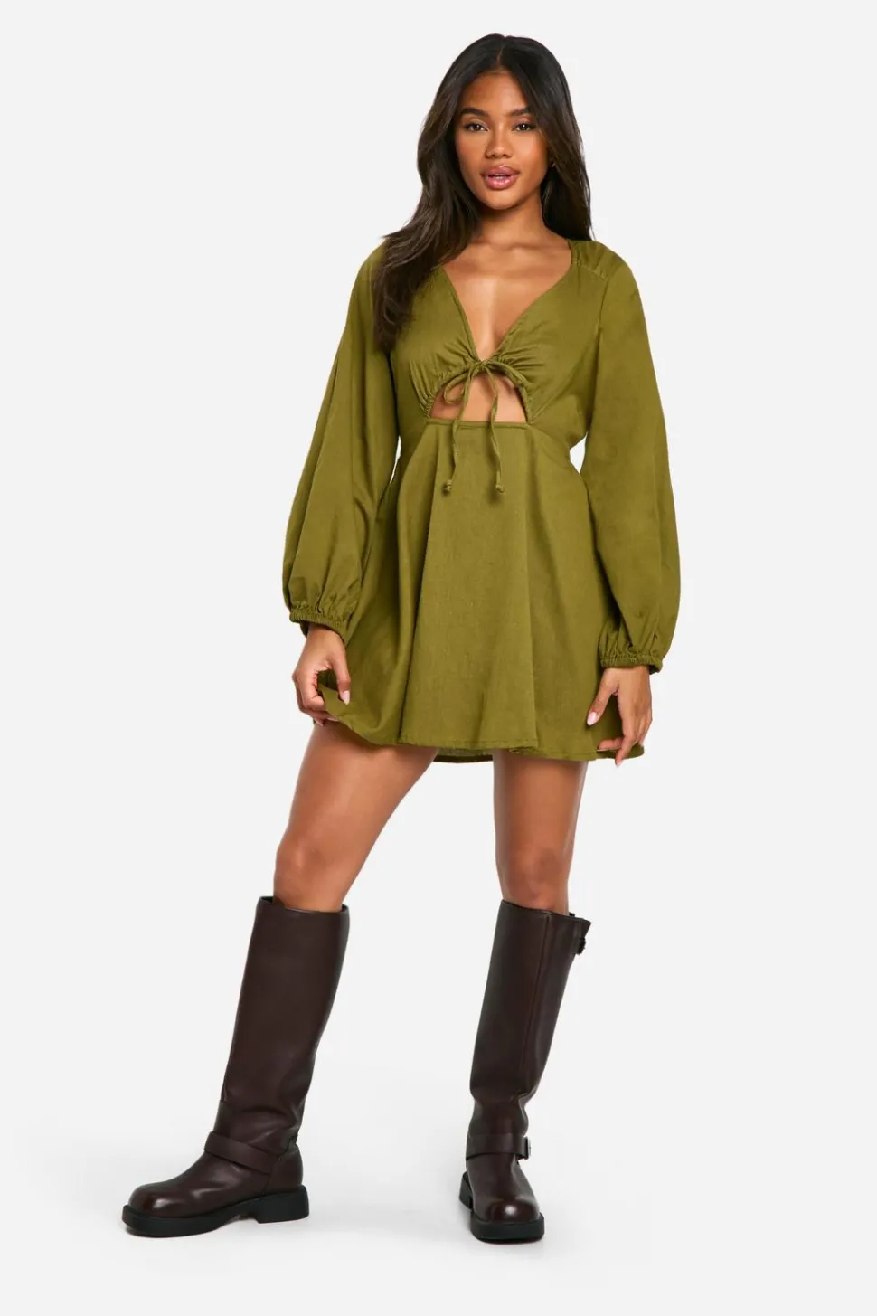 Linen Look Tie Front Puff Sleeve Mini Dress | Nasty Gal