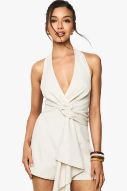 Linen Look Twist Neck Halterneck Playsuit | Nasty Gal