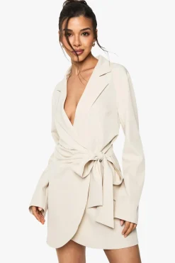 Linen Look Wrap Drape Front Tailored Blazer Dress | Nasty Gal