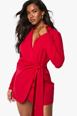 Linen Look Wrap Drape Front Tailored Blazer Dress | Nasty Gal
