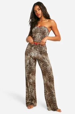 Loungewear Leopard Print Contrast Trim Bandeau Top & Trousers Set | Nasty Gal
