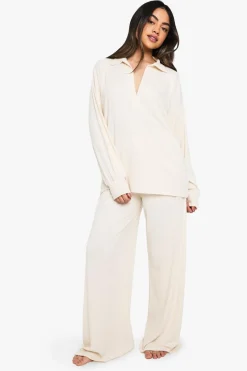 Loungewear Soft Rib Collared Long Sleeve Top & Trousers Pyjama Set | Nasty Gal