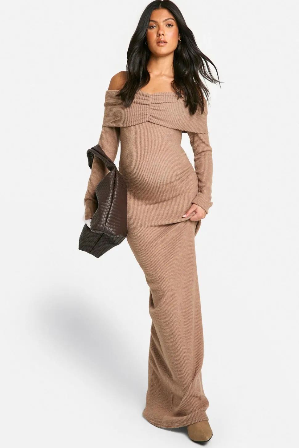 Maternity Soft Rib Off Shoulder Column Maxi Dress | Nasty Gal