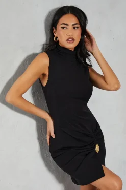 Mesh Hammered Gold Trim Grown On Neck Split Leg Mini Dress | Nasty Gal