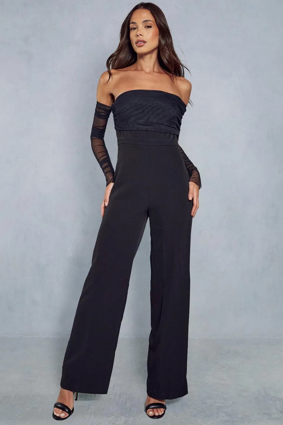 Mesh Ruched Off Shoulder Bardot Wide Leg Jumpsuit | Nasty Gal