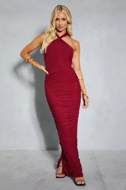 Mesh Twist Strap Halterneck Ruched Midaxi Dress | Nasty Gal