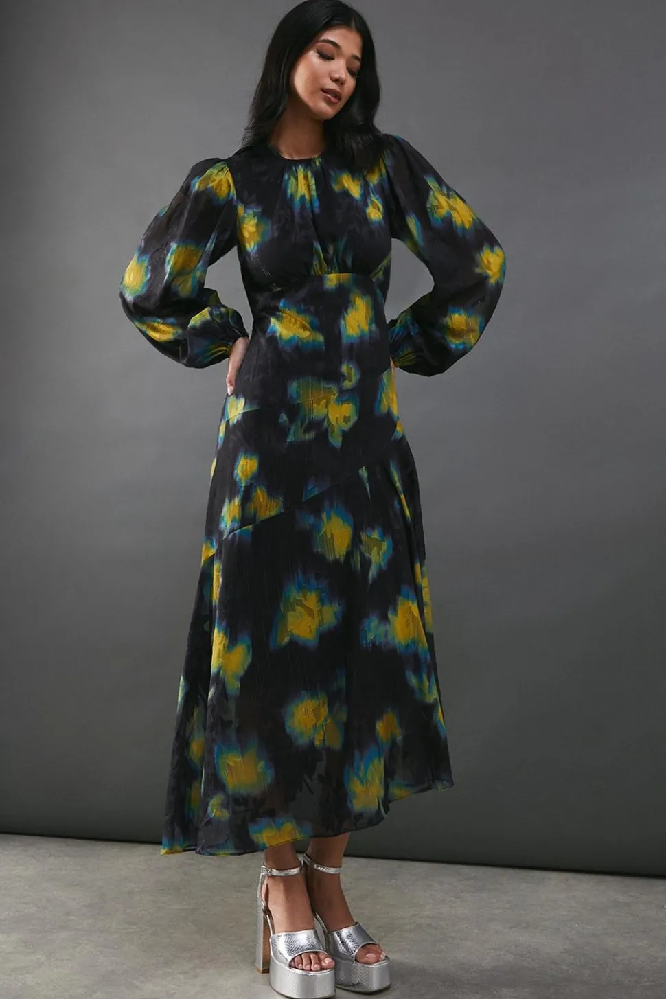 Metallic Burnout Chiffon Asymmetric Hem Midi Dress | Nasty Gal