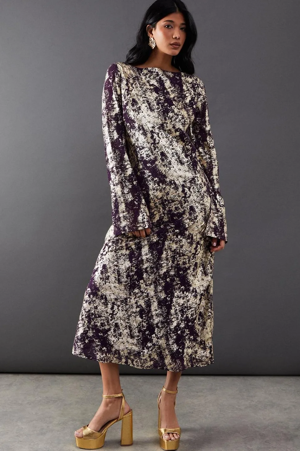 Metallic Chiffon Slash Neck Bias Midi Dress | Nasty Gal