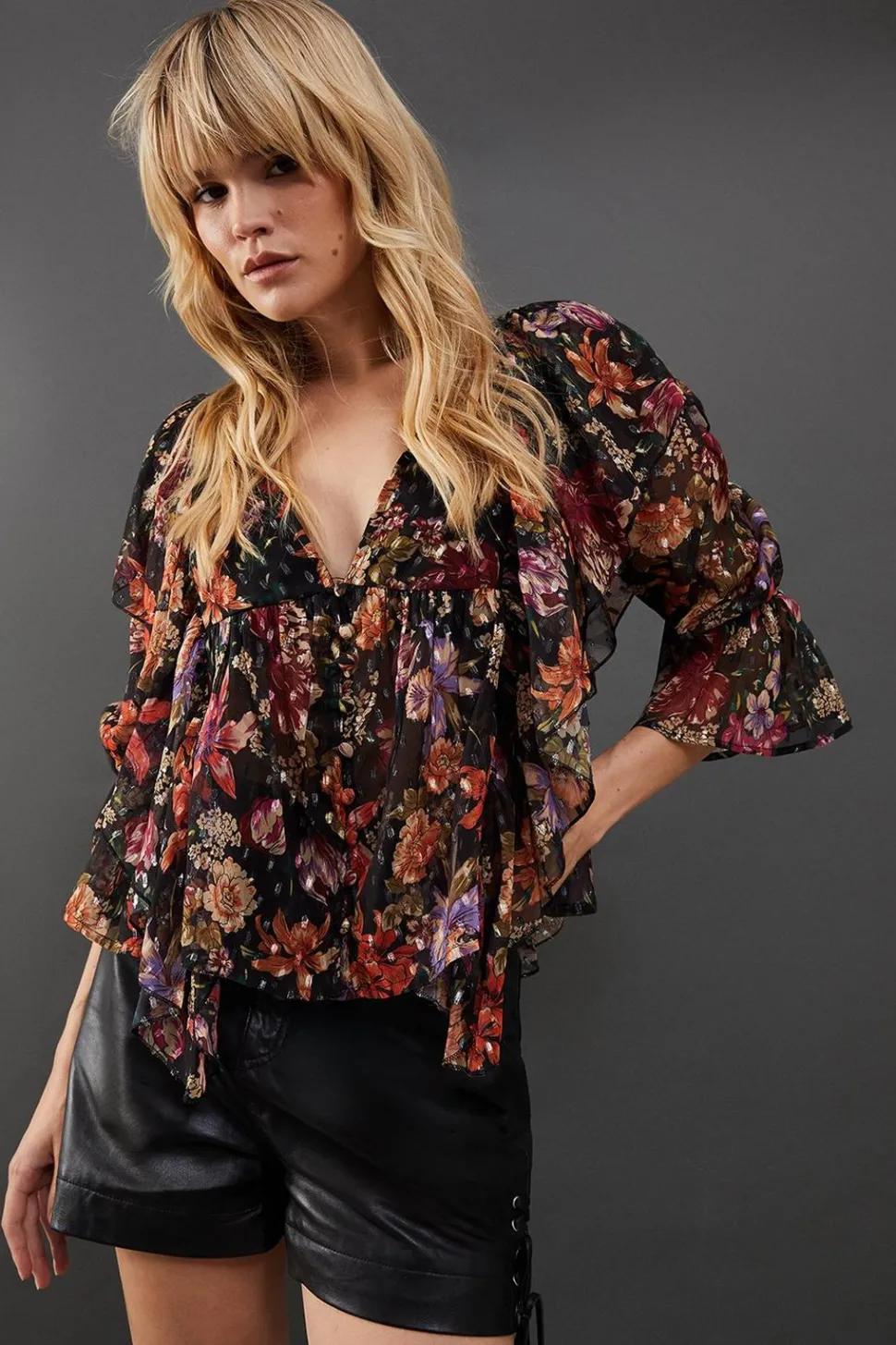 Metallic Dobby Button Front Ruffle Detail Blouse | Nasty Gal