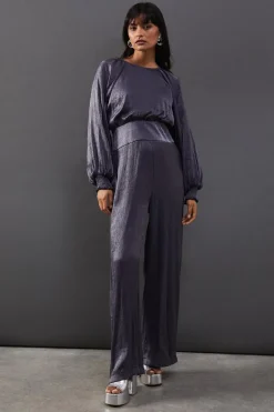 Metallic Plisse Satin Gathered Waist Jumpsuit | Nasty Gal