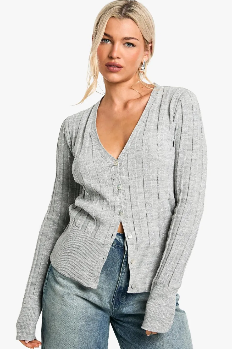 Metallic Silver Thick Rib Knitted Cardigan | Nasty Gal