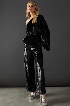 Metallic Texture One Shoulder Flared Sleeve Jumpsuit | Nasty Gal