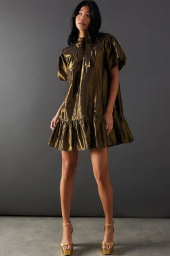 Metallic Tie Neck Puff Sleeve Tier Hem Mini Dress | Nasty Gal