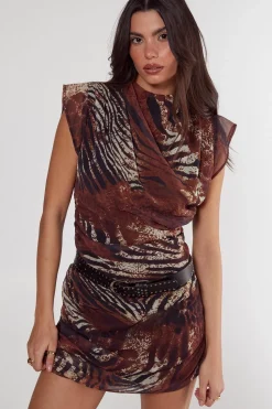 Mixed Animal Crinkle Chiffon High Neck Ruched Mini Dress | Nasty Gal