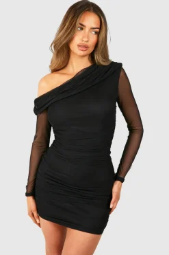 One Shoulder Ruched Mesh Long Sleeve Mini Dress | Nasty Gal