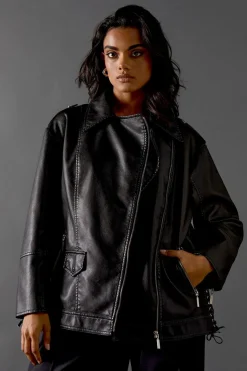 Oversized Whipstitch Detail Leather Look Jacket | Nasty Gal