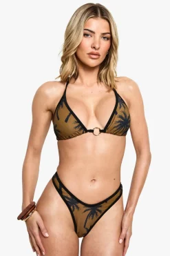 Palm Tree Print Triangle Bikini Top & High Leg Bikini Bottoms Set | Nasty Gal