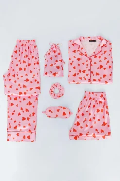 6-pc Satin Heart Print Pajama Set | Nasty Gal