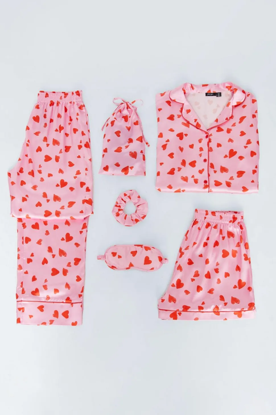 6-pc Satin Heart Print Pajama Set | Nasty Gal