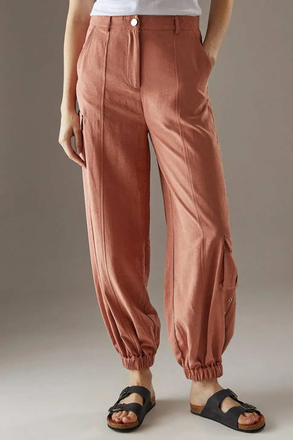 Peach Satin Utility Eyelet Detail Cuffed Trousers | Nasty Gal