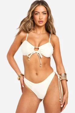 Pearl Trim Tie Front Bandeau Bikini Top & Tie Side Bikini Bottoms Set | Nasty Gal