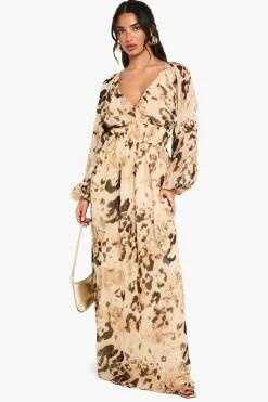 Petite Animal Printed Chiffon Volume Sleeve Ruched Waist Maxi Dress | Nasty Gal