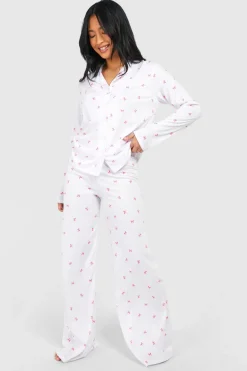 Petite Bow Print Long Sleeve Shirt & Trousers Pyjama Set | Nasty Gal